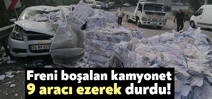Kocaeli'nin Gebze ilçesinde, frenleri boşalan kamyon park halindeki 9 araca