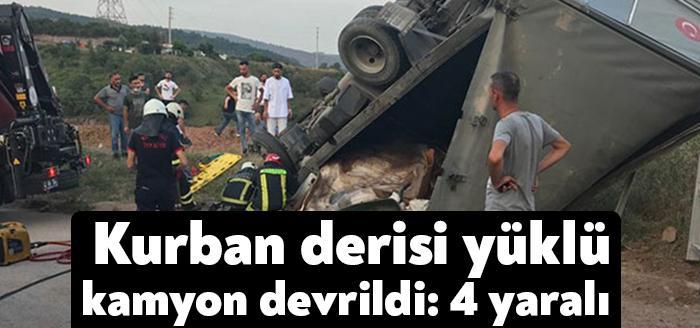 Kocaeli'nin Körfez ilçesinde, kurban derisi yüklü kamyonun devrilmesi sonucu 4 kişi yaralandı.  
