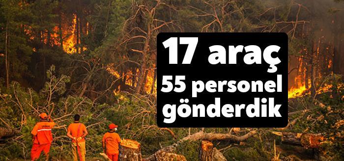 Kocaeli Valiliği’nden yapılan açıklamada, yangın bölgesine Kocaeli’den 17 araç 55