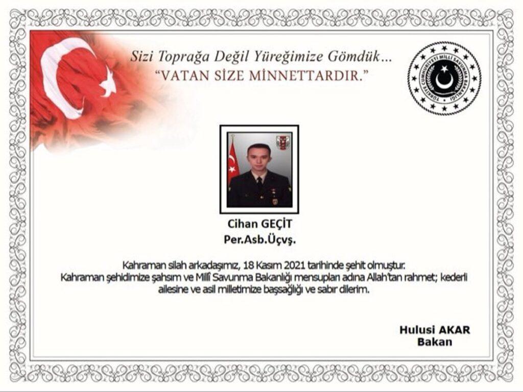 Kocaeli Haber - Milli Savunma Bakanlığı, Şırnak'ın Uludere bölgesinde Astsubay Üstçavuş Cihan Geçit'in askeri araç kazası sonucu şehit olduğunu açıkladı.