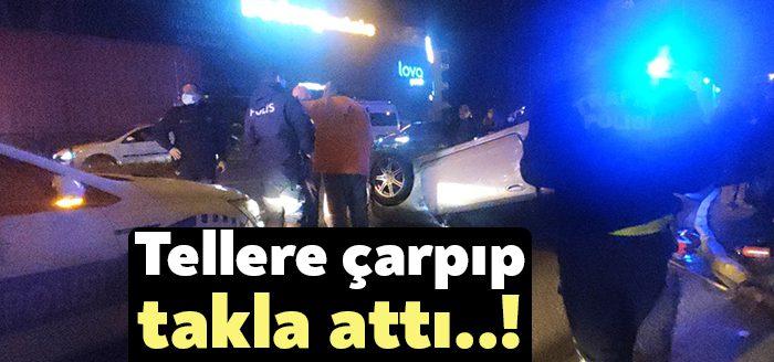 Kocaeli’nin Gölcük ilçesinde önce tellere çarpan otomobil sonrasında takla attı.