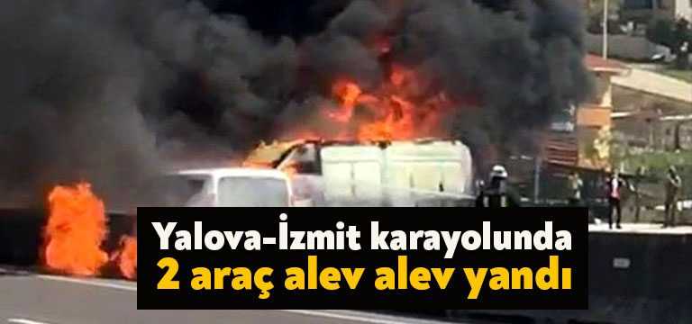 Alev alarak yanmaya başlayan minibüs Yalova-İzmit Karayolu’na çıkarak kamyonete çarptı.
