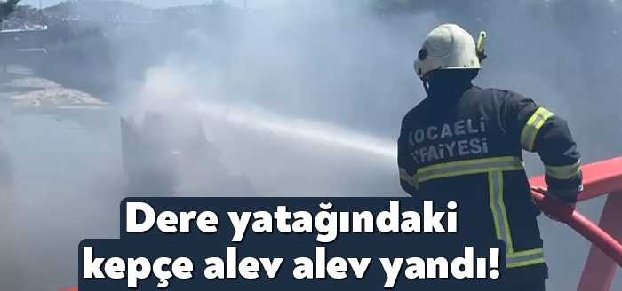  Kocaeli’de dere yatağındaki kepçe alev alev yandı. Yangını itfaiye ekipleri