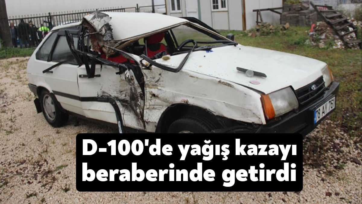 Kocaeli D-100 karayolunda yağmurun etkisiyle sürücüsünün kontrolünden çıkan otomobil, tıra