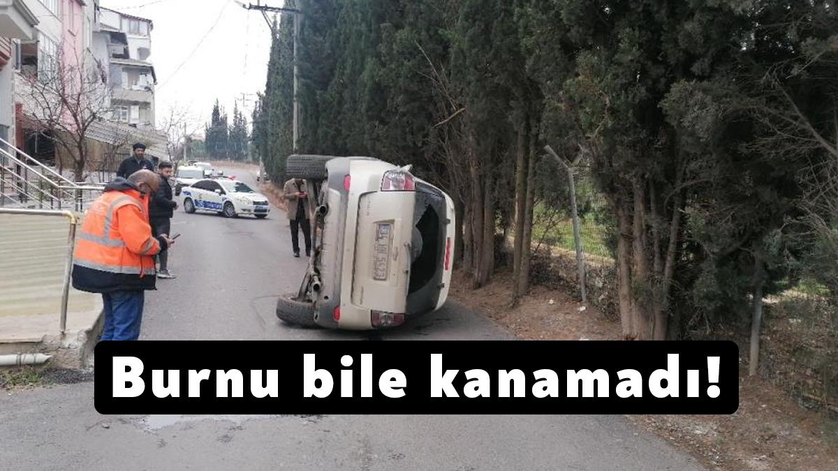 Kocaeli'nin Gebze ilçesinde sürücüsünün hakimiyetini kaybettiği otomobil yan yattı. Sürücü,