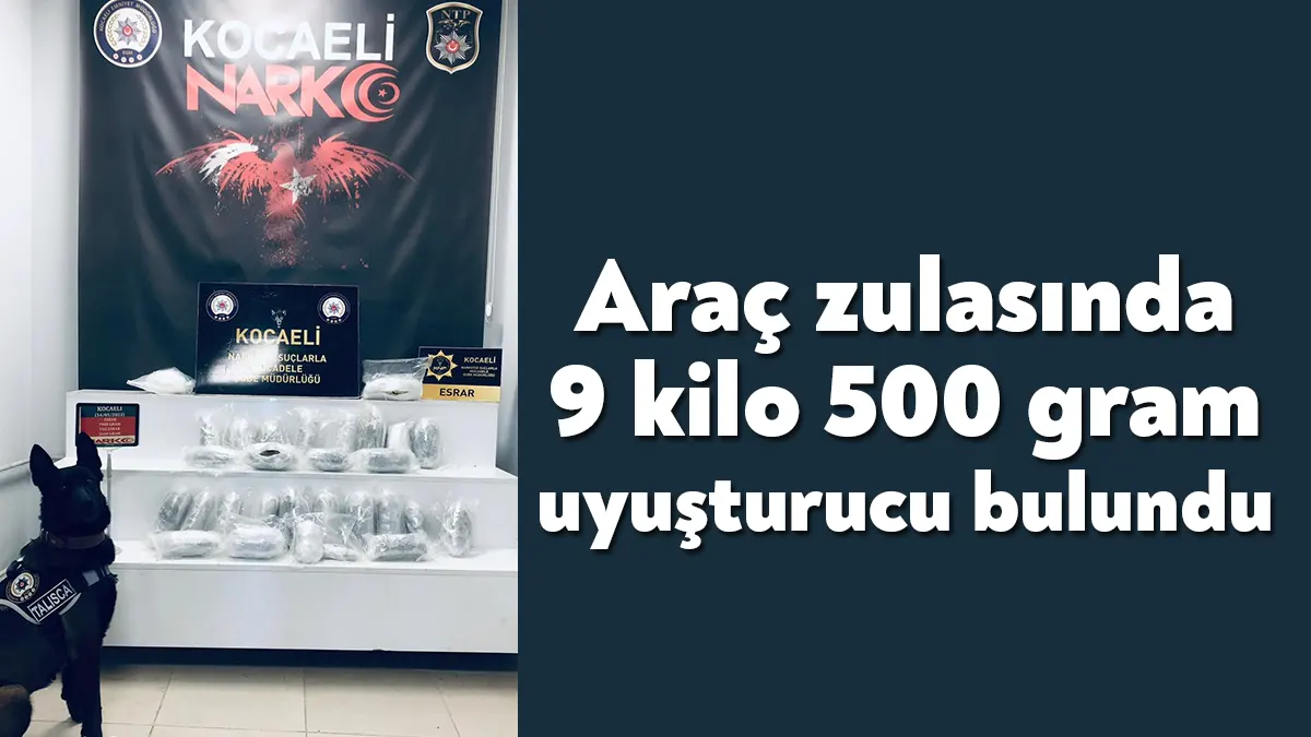 Kocaeli'de durdurulan araçta yapılan aramada 9 kilo 500 gram