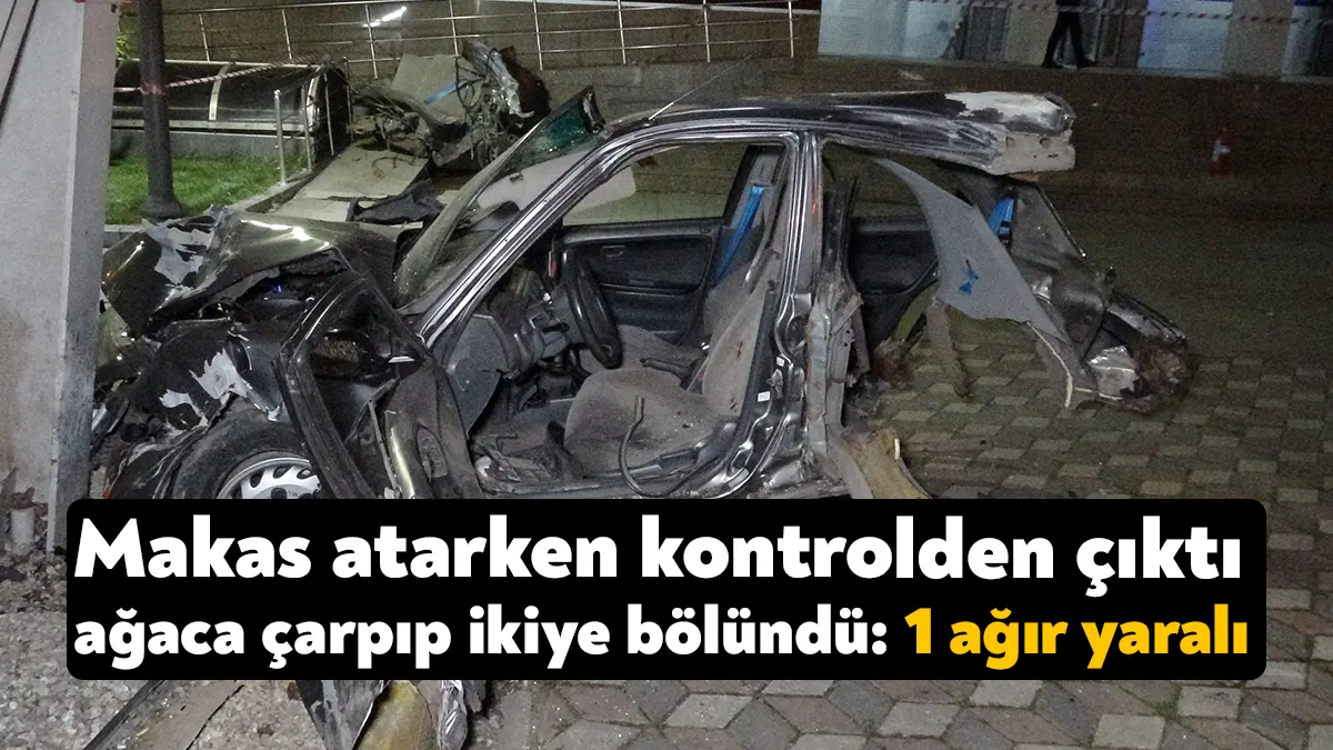 Kocaeli’de makas atan sürücünün kontrolünden çıkan otomobil ağaca çarparak ikiye