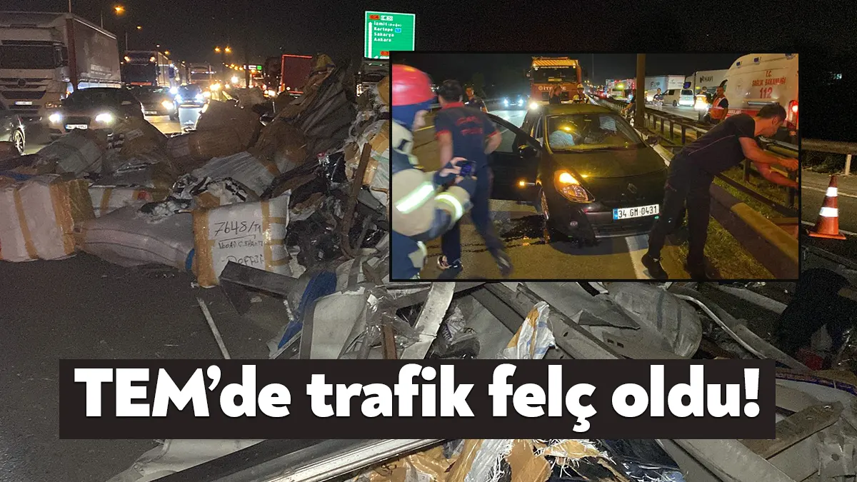 TEM Otoyolu Kocaeli geçişinde otomobil, tekstil ürünleri taşıyan tırdan devrilen