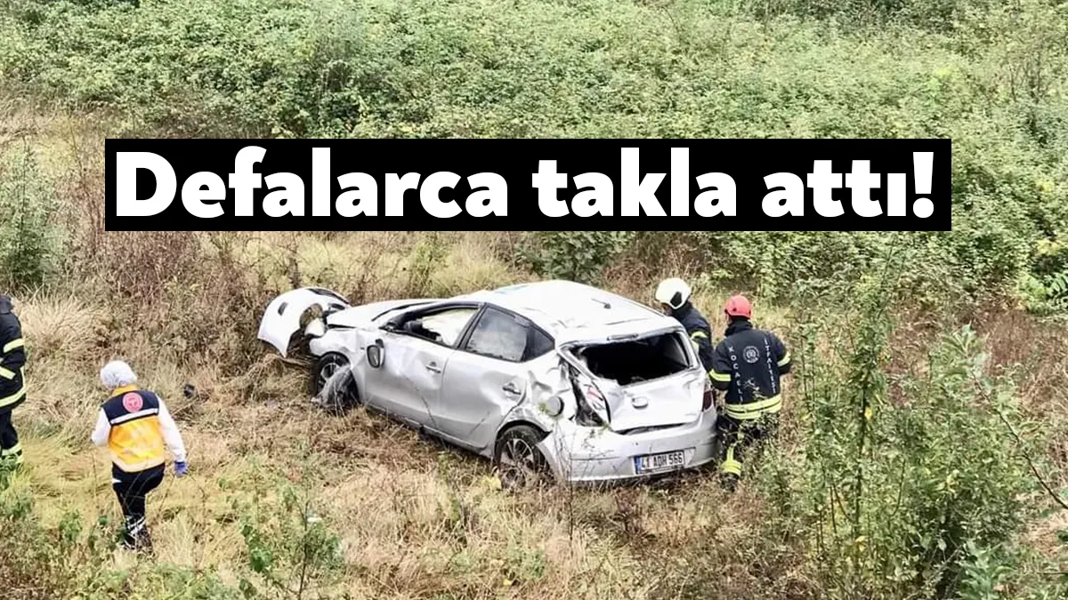 Kocaeli’nin Başiskele ilçesinde yeşillik alana uçan otomobil defalarca takla