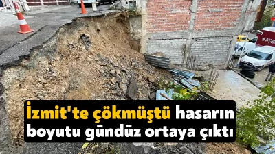 Kocaeli’nin İzmit ilçesinde duvarın yıkılması neticesinde çöken yolun hasarı gün