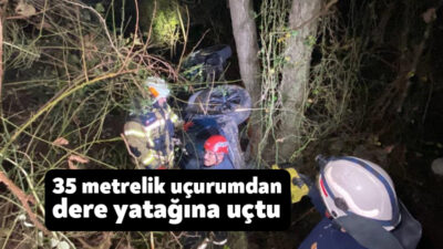 Kocaeli’nin Başiskele ilçesinde kontrolden çıkan otomobil, 35 metrelik uçurumdan dere