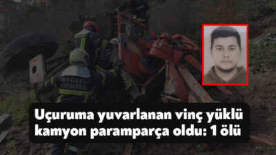 Kocaeli'nin Körfez ilçesinde tamire götürülen vinç yüklü kamyon uçuruma yuvarlandı.