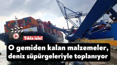 Kocaeli'nin Körfez ilçesinde kıyıdaki 3 kule vinci çarparak deviren konteyner