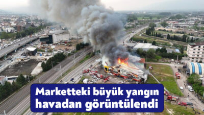 Kocaeli'nin İzmit ilçesinde çıkan market yangını havadan görüntülendi. Yangıda 34