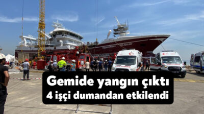 Kocaeli'nin Başiskele ilçesinde yangın çıkan gemide 2 işçi mahsur kaldı.