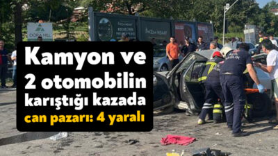 Kocaeli'nin İzmit ilçesinde kamyon ve 2 otomobilin karıştığı kazada adeta