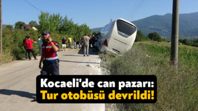 İstanbul'dan Kocaeli'ye gelen tur otobüsü, yoldan çıkarak yan yattı.