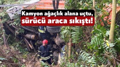Kocaeli'nin İzmit ilçesinde damperli kamyon virajı dönerken ağaçlık alana uçtu.