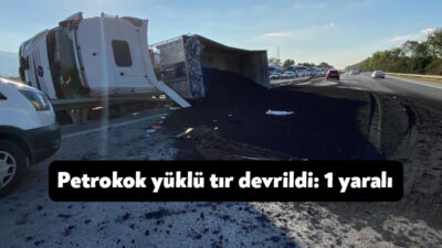 TEM Otoyolu Kocaeli geçişinde petrokok yüklü tır, refüje çarparak yan