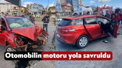 D-100 karayolu Kocaeli geçişinde direğe çarpan otomobilin motoru yola fırladı.