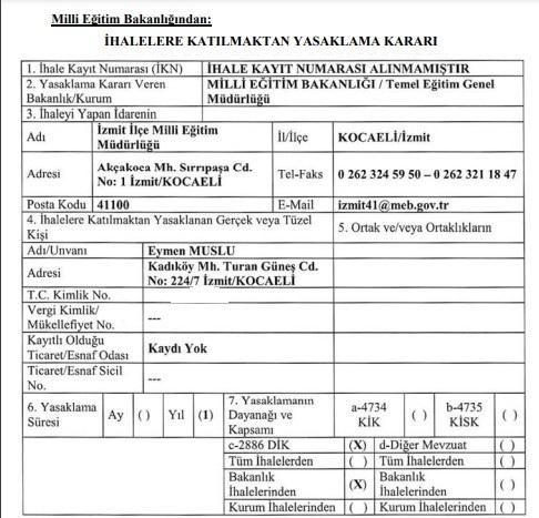 Izmit Ilce Milli Egitim Mudurlugunden o firmaya ihale yasagi1