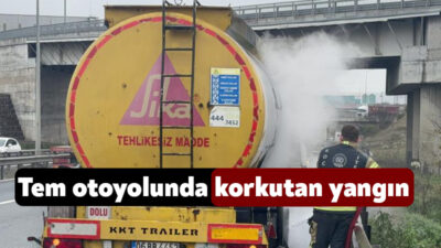 Kocaeli'de beton katkısı taşıyan tankerin balatası alev aldı.