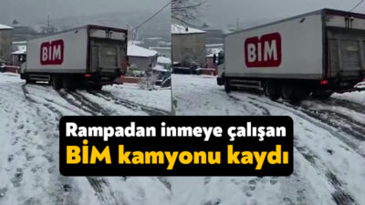 Kocaeli'de karlı yolda rampa aşağı inmeye çalışan BİM'e ait kamyon