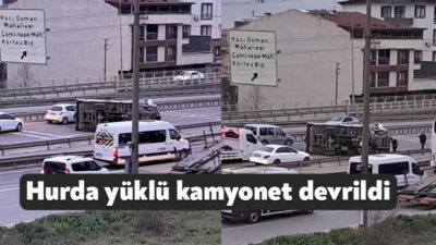 Kocaeli'nin Körfez ilçesinde hurda yüklü kamyonet devrildi, kaza sebebiyle trafik
