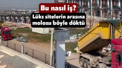 Kocaeli'nin Kartepe ilçesinde hafriyat kamyonları temel kazısından çıkan moloz ile
