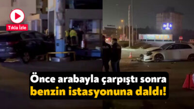 Kocaeli'nin Körfez ilçesinde kavşakta çarpışan araçlardan biri benzin istasyonuna daldı.
