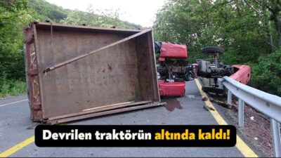 Kocaeli'de sürücünün direksiyon hakimiyetini kaybettiği traktör yan yattı. Traktörün altında