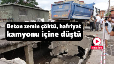 Kocaeli'nin İzmit ilçesinde hafriyat kamyonu seyir halindeyken beton zeminin çökmesi