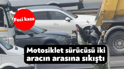 Kocaeli D100 Karayolu'nda hafriyat kamyonu ile otomobil arasında sıkışan motosiklet