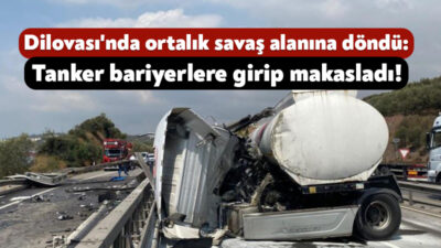 Kocaeli'nin Dilovası ilçesi D100 geçişinde, sürücüsünün kontrolünü kaybettiği tanker, bariyerlere