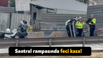 İzmit Santral rampasında freni patlayan otomobil yol kenarındaki beton bloklara