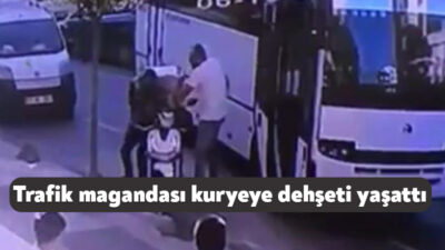 Kocaeli'nin Çayırova ilçesinde motosikletli kuryenin önünü kesen servis minibüsü şoförü,