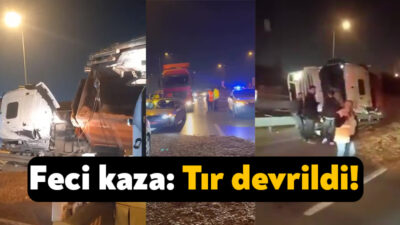 Kocaeli'nin Başiskele ilçesinde virajı alamayan yonga yüklü tır devrildi, sürücüsü