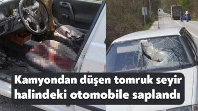 Kocaeli'nin İzmit ilçesinde tomruk yüklü kamyondan fırlayan kütük, seyir halindeki
