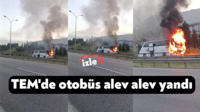 TEM Otoyolu'nun Kocaeli geçişinde seyir halindeki şehirlerarası yolcu otobüsü alevlere