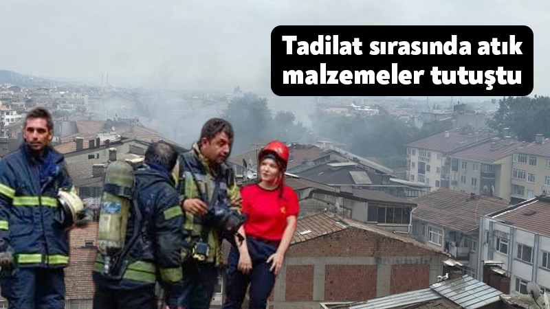 Tadilat sırasında atık malzemeler tutuştu Kocaeli'nin İzmit ilçesinde iş yerinde tadilat çalışması sırasında atık malzemelerin